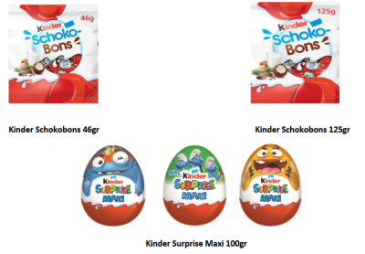 O ΕΦΕΤ ανακαλεί τα προϊόντα Kinder Kinder Schokobons και Kinder Surprise Maxi των 100gr, λόγω πιθανής παρουσίας σαλμονέλας.